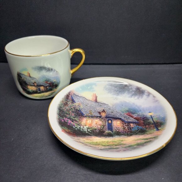 Thomas Kinkade Coffee Tea Cup Saucer Moonlight Cottage Painted Gold Trim SET - Picture 2 of 10